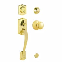 Schlage Camelot Bright Brass Double Cylinder Deadbolt with Plymouth Knob Handleset thumbnail 1