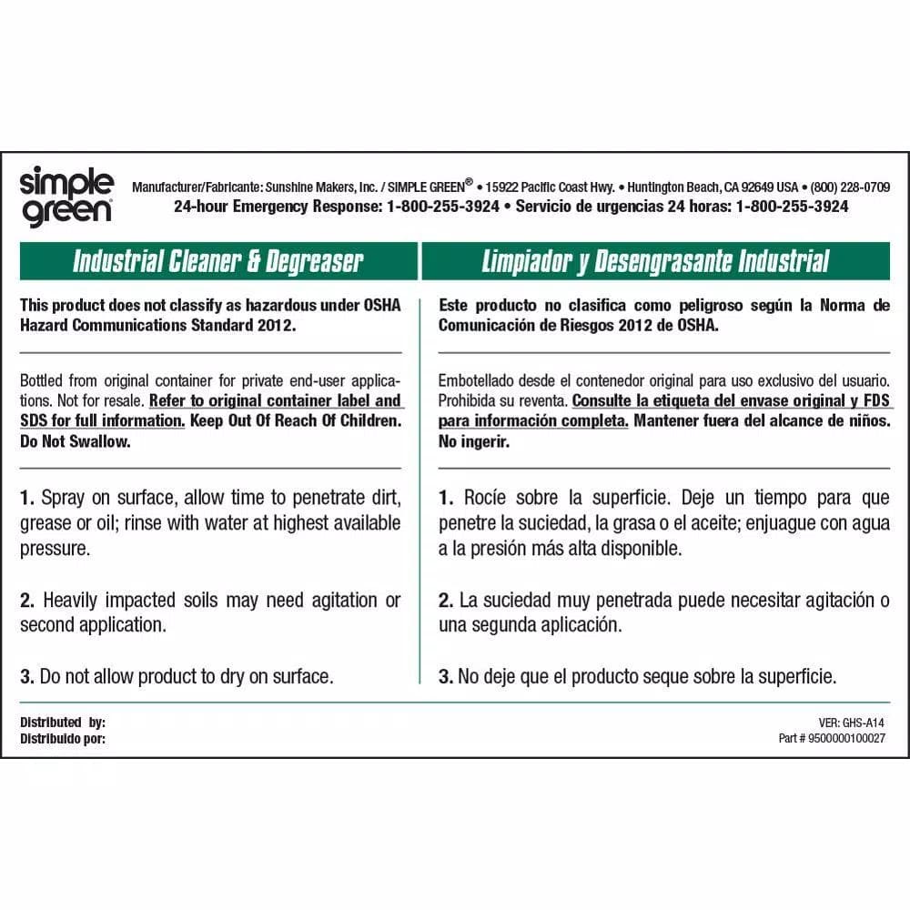Simple Green Industrial Cleaner and Degreaser Secondary Labels, Bilingual, 10-Pack