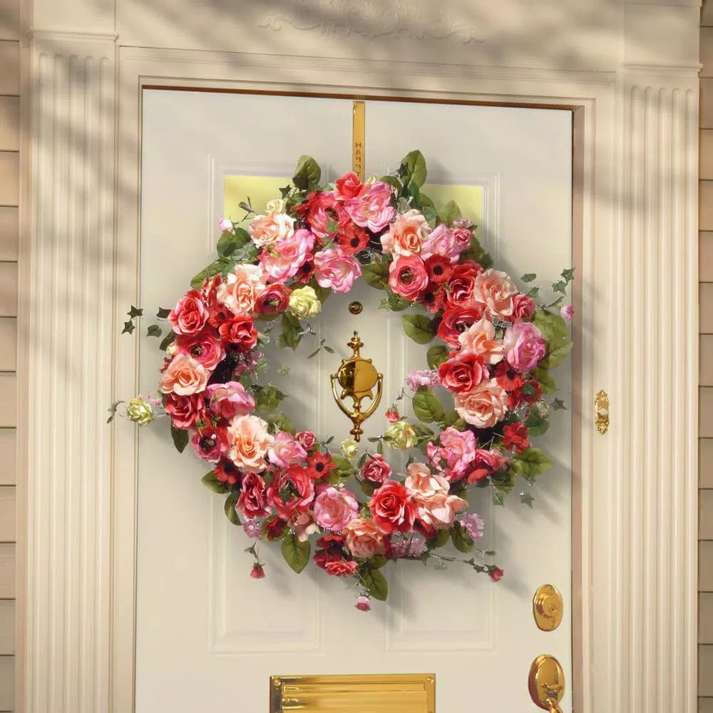 National Tree Company 32 in. Mixed Rose and Dahlia Spring Wreath - Red, Pink, and Cream Floral Decor