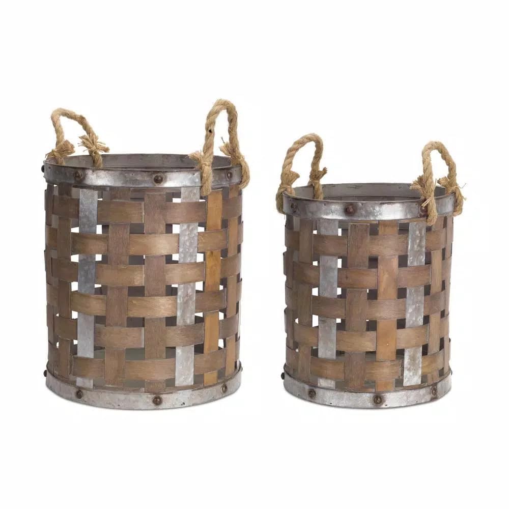 Unbranded Rustic Woven Wood and Galvanized Metal Decorative Baskets, Set of 2