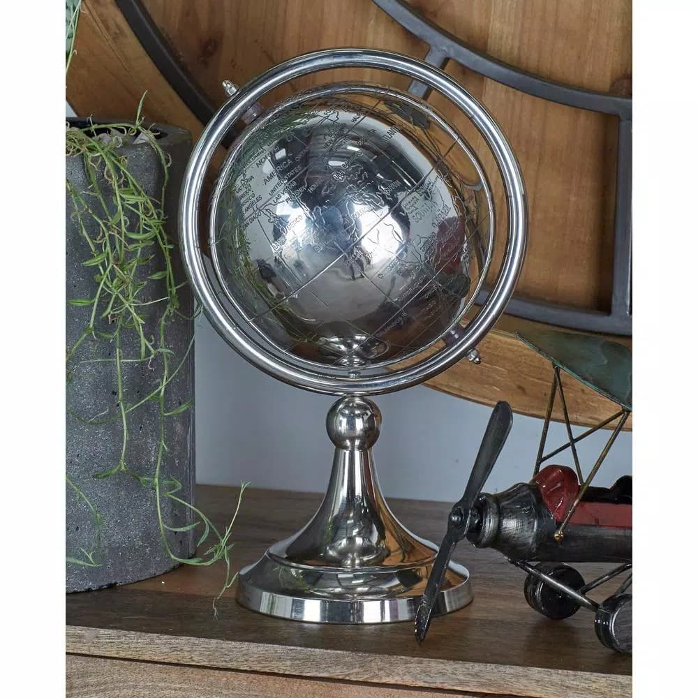 LITTON LANE 14 in. Modern Silver Globe with Axis Ring and Metal Base