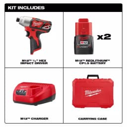 Milwaukee M12 12V Lithium-Ion Cordless 1/4 in. Hex Impact Driver Kit with (2) 1.5Ah Batteries, Charger & Case thumbnail 2