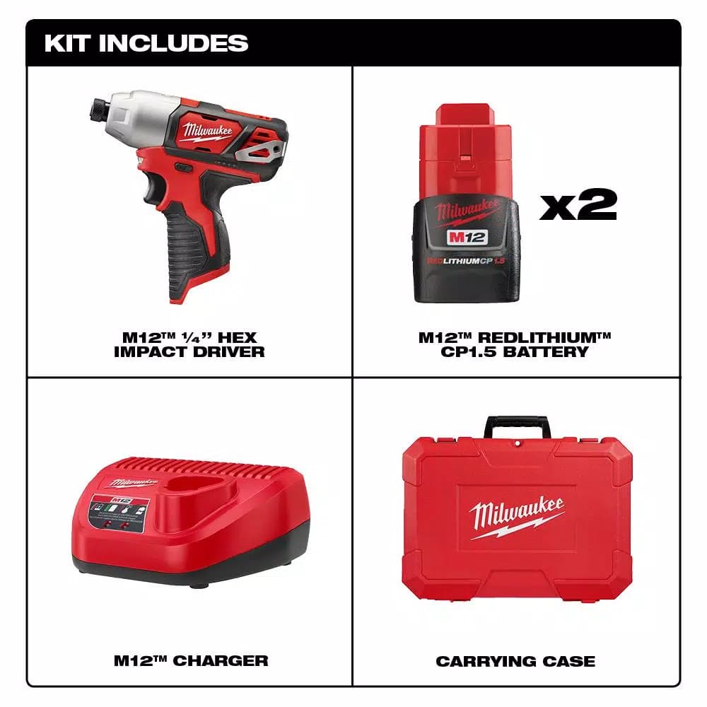 Milwaukee M12 12V Lithium-Ion Cordless 1/4 in. Hex Impact Driver Kit with (2) 1.5Ah Batteries, Charger & Case