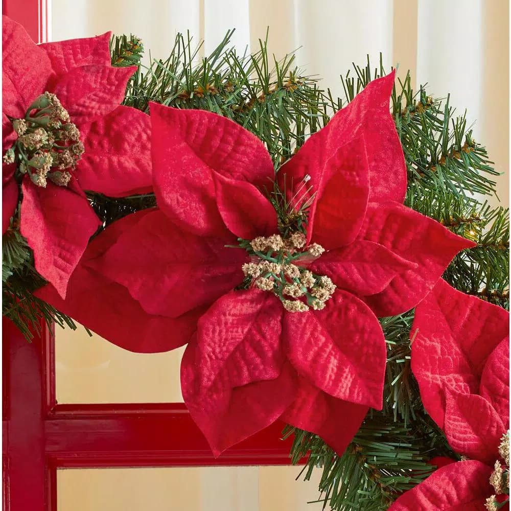 Home Accents Holiday 30 in. Berry Bliss Pre-Lit LED Artificial Christmas Wreath with Red Poinsettias