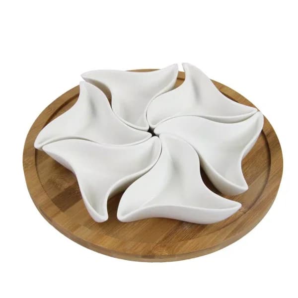 Elama Signature Collection Stoneware Appetizer Bowls with Bamboo Lazy Susan Serving Tray
