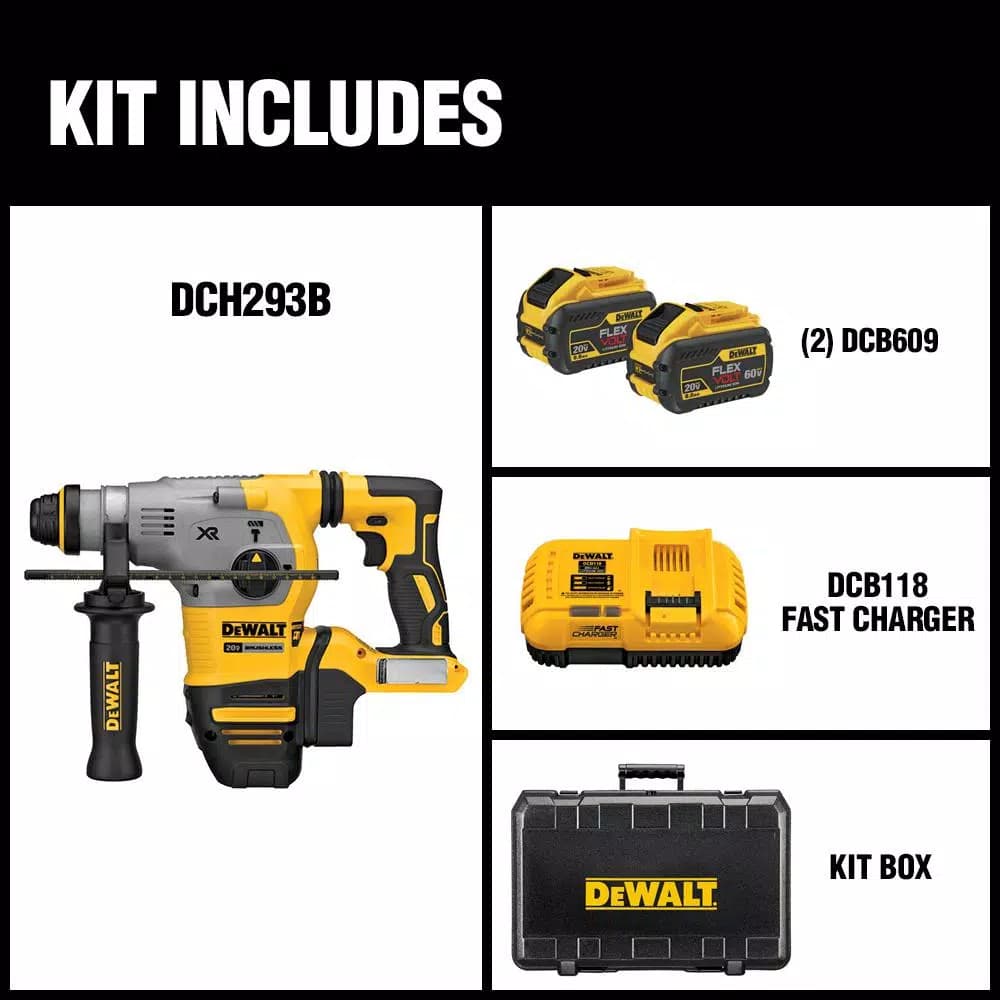 DEWALT 20V MAX XR Brushless 1-1/8 in. SDS Plus L-Shape Rotary Hammer Kit with (2) 9.0 Ah FLEXVOLT Batteries