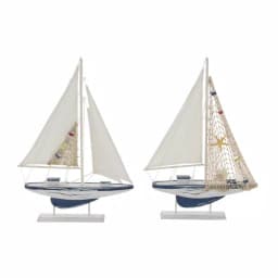 LITTON LANE Coastal Nautical Wooden Sailboat Sculptures, Set of 2, 20-Inch Distressed Blue and White Pine thumbnail 2