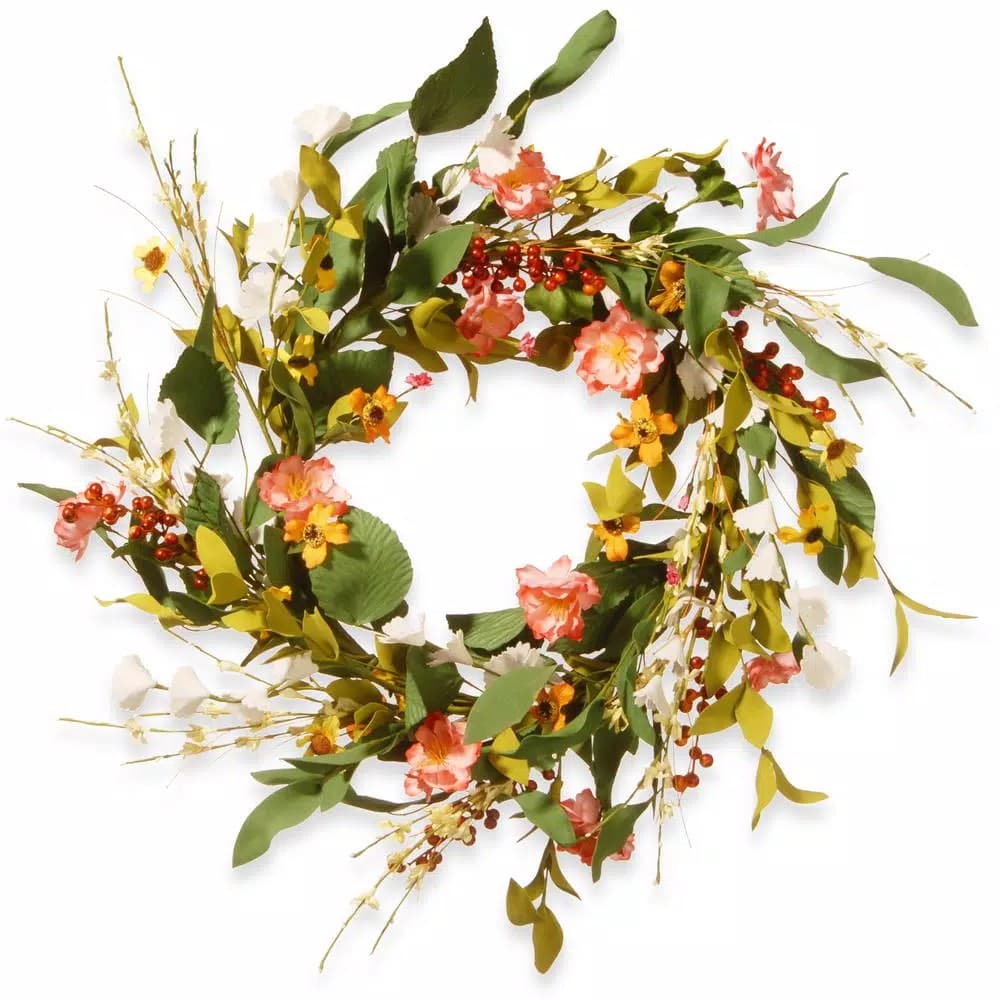 National Tree Company 22 in. Mixed Flower Wreath with Red Berries and Leafy Stems, Multi-Colored