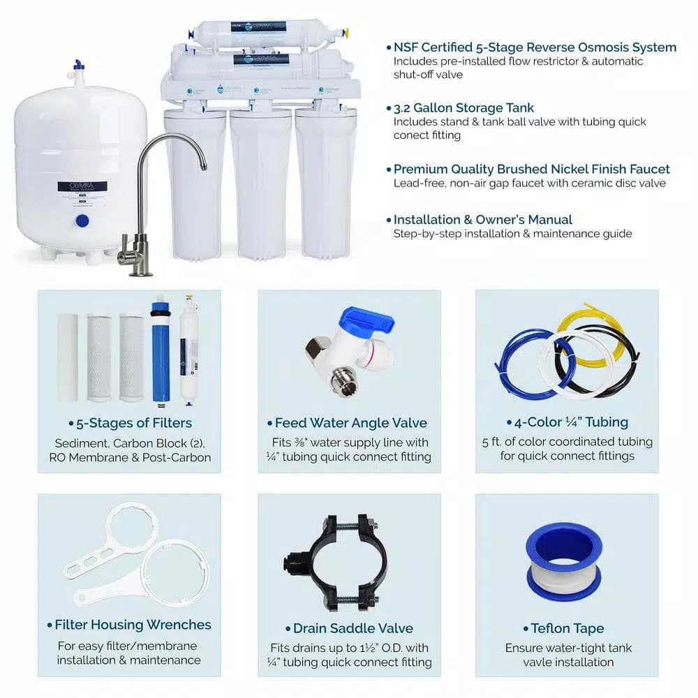 Olympia Water Systems 5-Stage Under-Sink Reverse Osmosis Water Filtration System with 50 GPD Membrane & Brushed Nickel Faucet