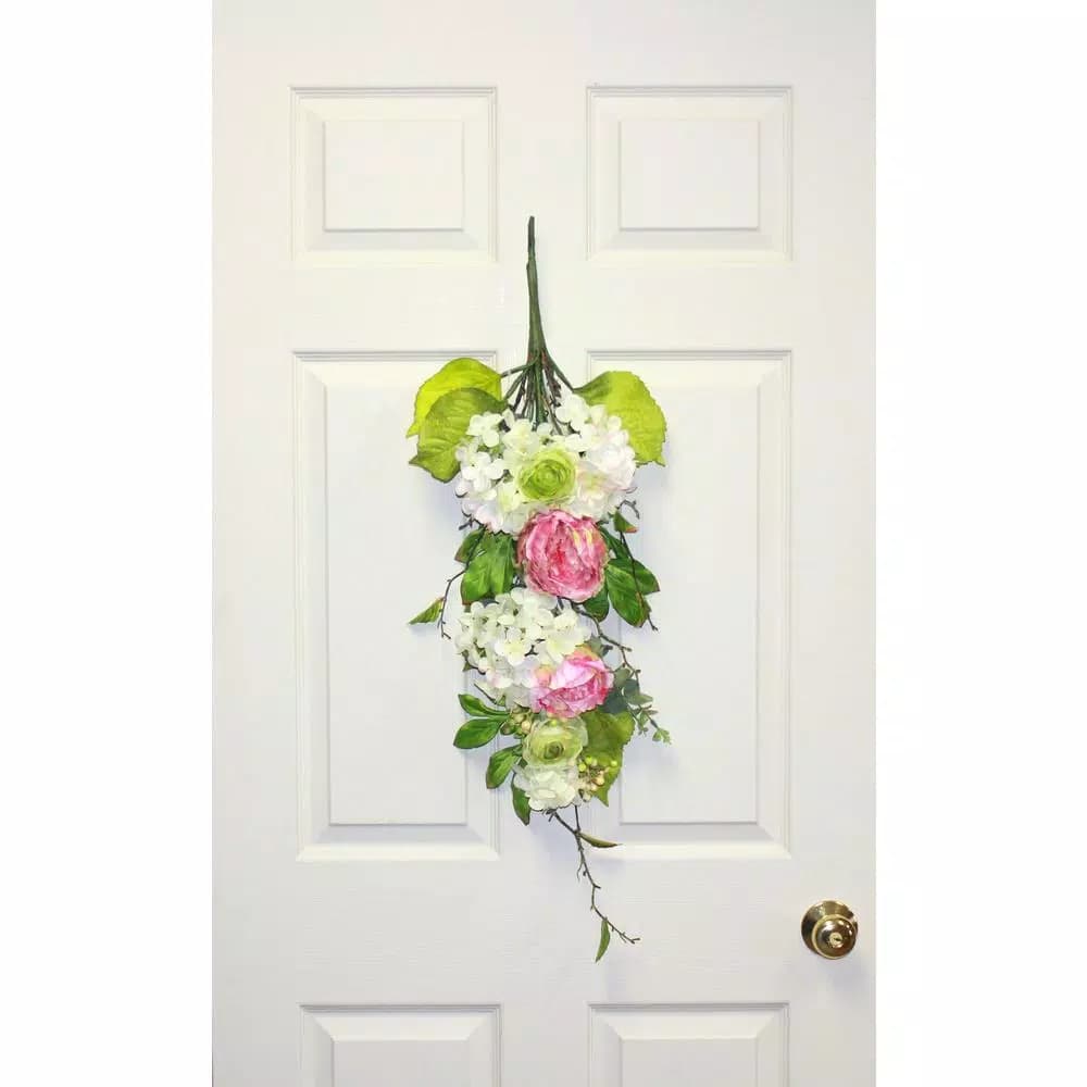 Unbranded 33 in. Pink and Green Hydrangea Peony Silk Flower Swag Wreath