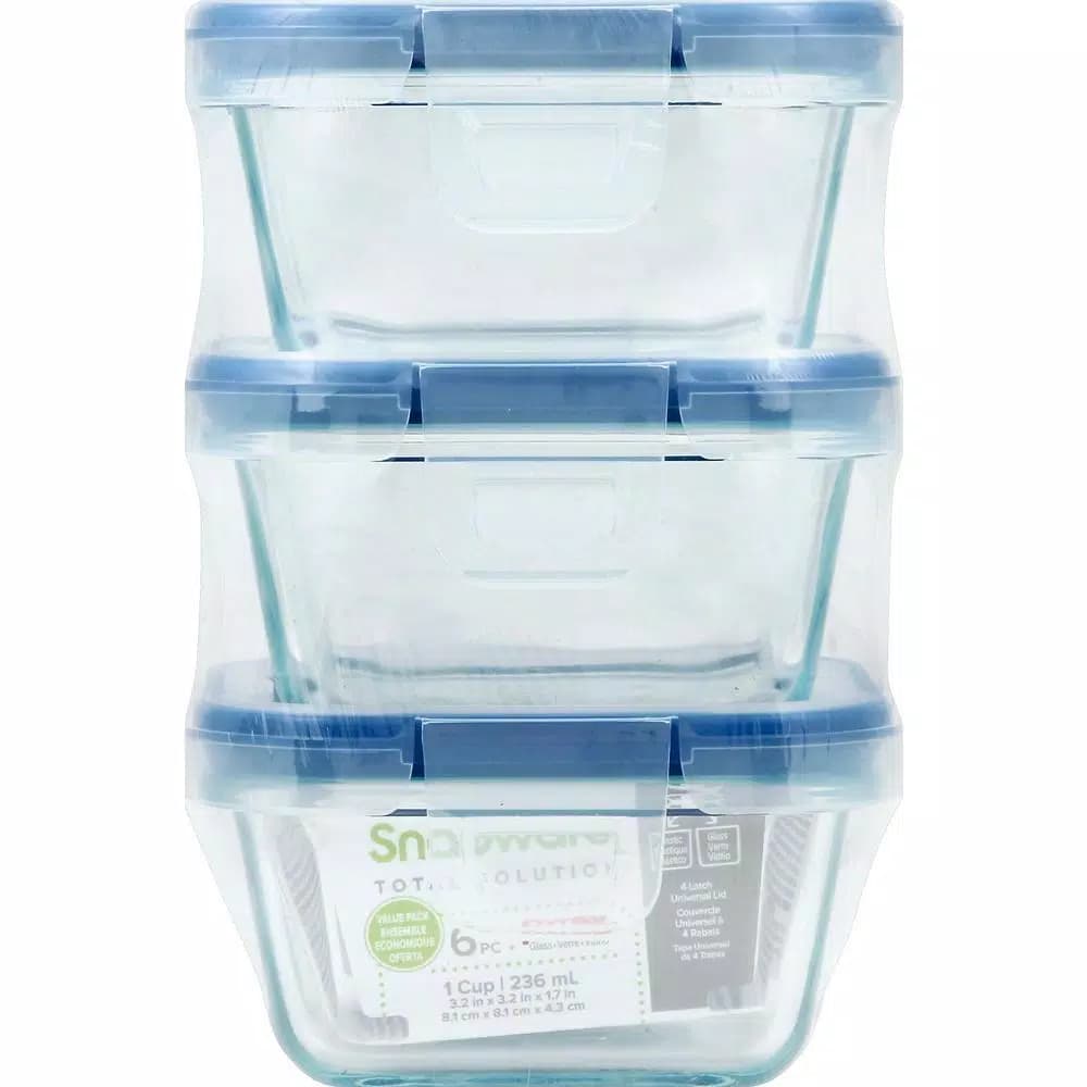 Snapware Total Solutions 1-Cup Glass Square Food Storage Container Set, 6-Piece (3 Containers with Lids)