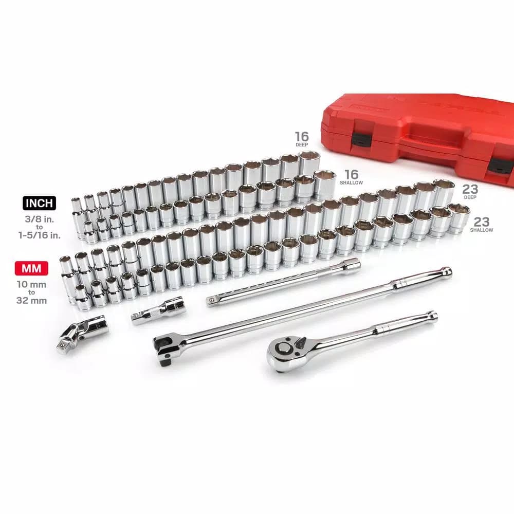 TEKTON 84-Piece 1/2 in. Drive Socket Set, 3/8-1-5/16 in. and 10-32 mm, SAE/Metric