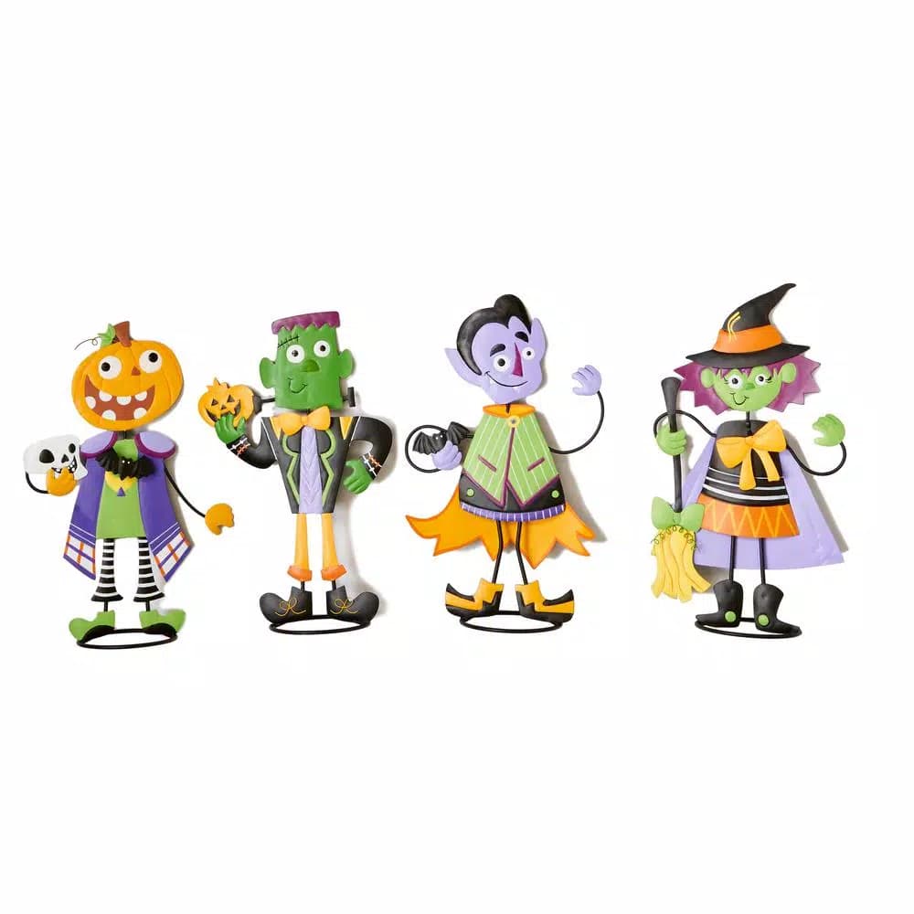 Unbranded 24 in. Metal Standing Halloween Figures, 4-Set Pumpkin, Witch & Zombie Decor