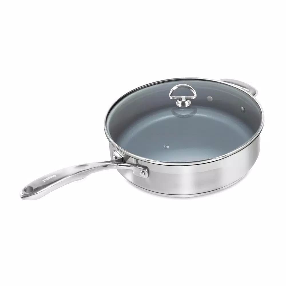 Chantal Induction 21 Steel 11.5 in. Stainless Steel Ceramic Nonstick Skillet with Glass Lid, Brushed Stainless Steel