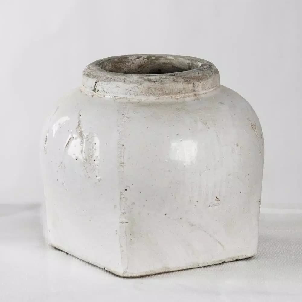 Zentique Large Distressed White Ceramic Decorative Vase - Round Stoneware Table Vase