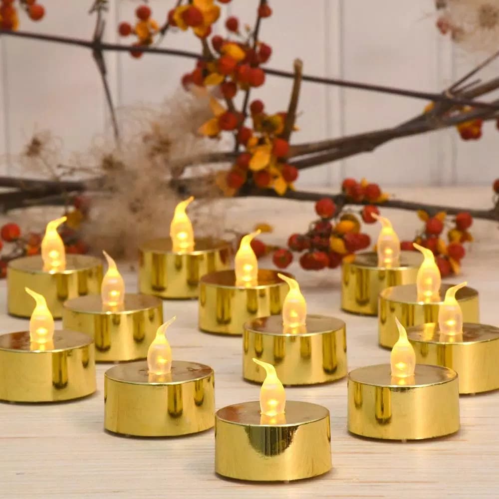 LUMABASE Gold Plated LED Tea Light Candles, 12-Count Battery Operated Flickering Amber Glow