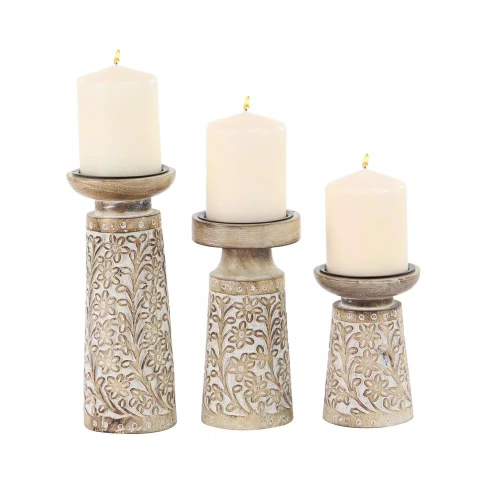 LITTON LANE Rustic Mango Wood and Iron Candle Holder Set of 3 with Floral Carvings