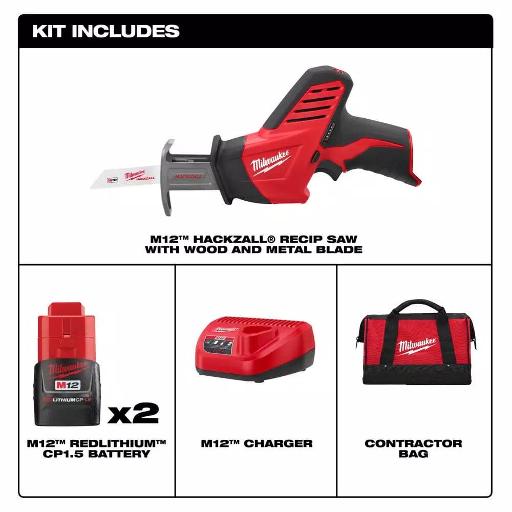 Milwaukee M12 12V Lithium-Ion HACKZALL Cordless Reciprocating Saw Kit with 2 1.5 Ah Batteries, Charger & Case