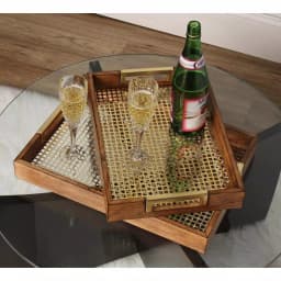 Kate and Laurel Hanneli Gold and Walnut Decorative Tray Set of 2 - Modern Glam Perforated Metal and Wood Trays thumbnail 4