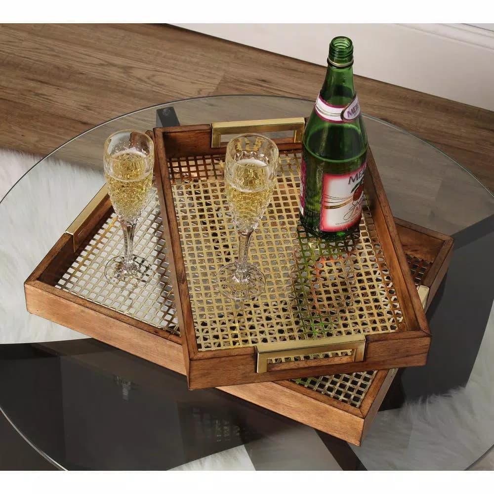 Kate and Laurel Hanneli Gold and Walnut Decorative Tray Set of 2 - Modern Glam Perforated Metal and Wood Trays