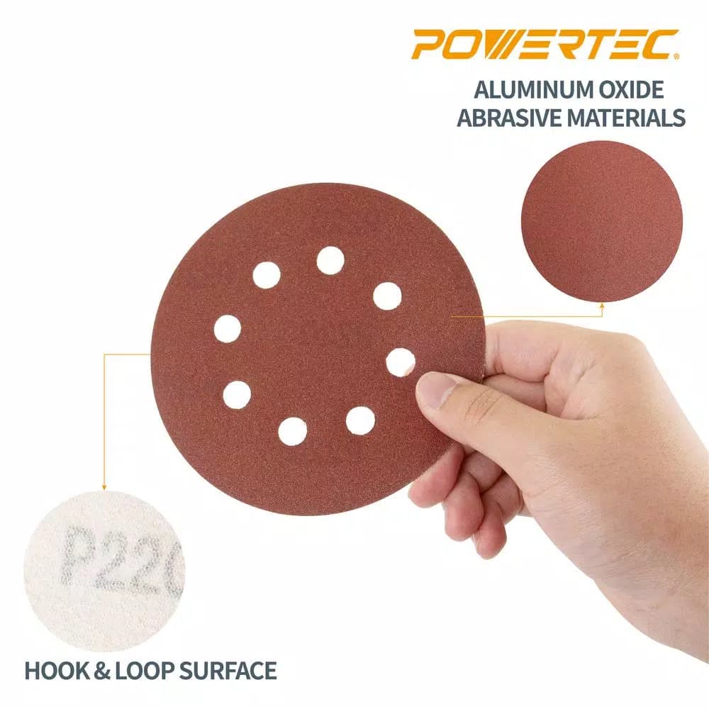 POWERTEC 5 in. 40-Grit Aluminum Oxide Hook and Loop 8-Hole Sanding Discs, 25-Pack