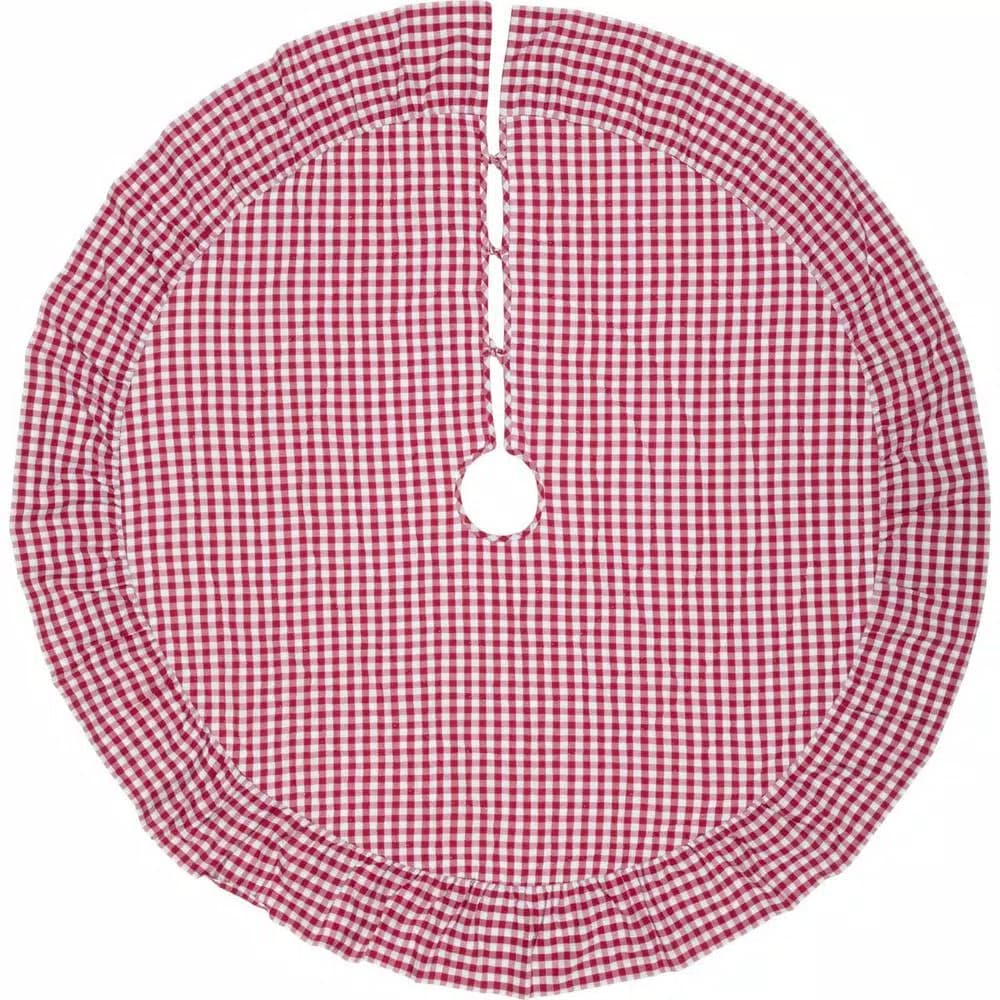 VHC Brands Emmie 60 in. Red Ruffled Patchwork Farmhouse Christmas Tree Skirt