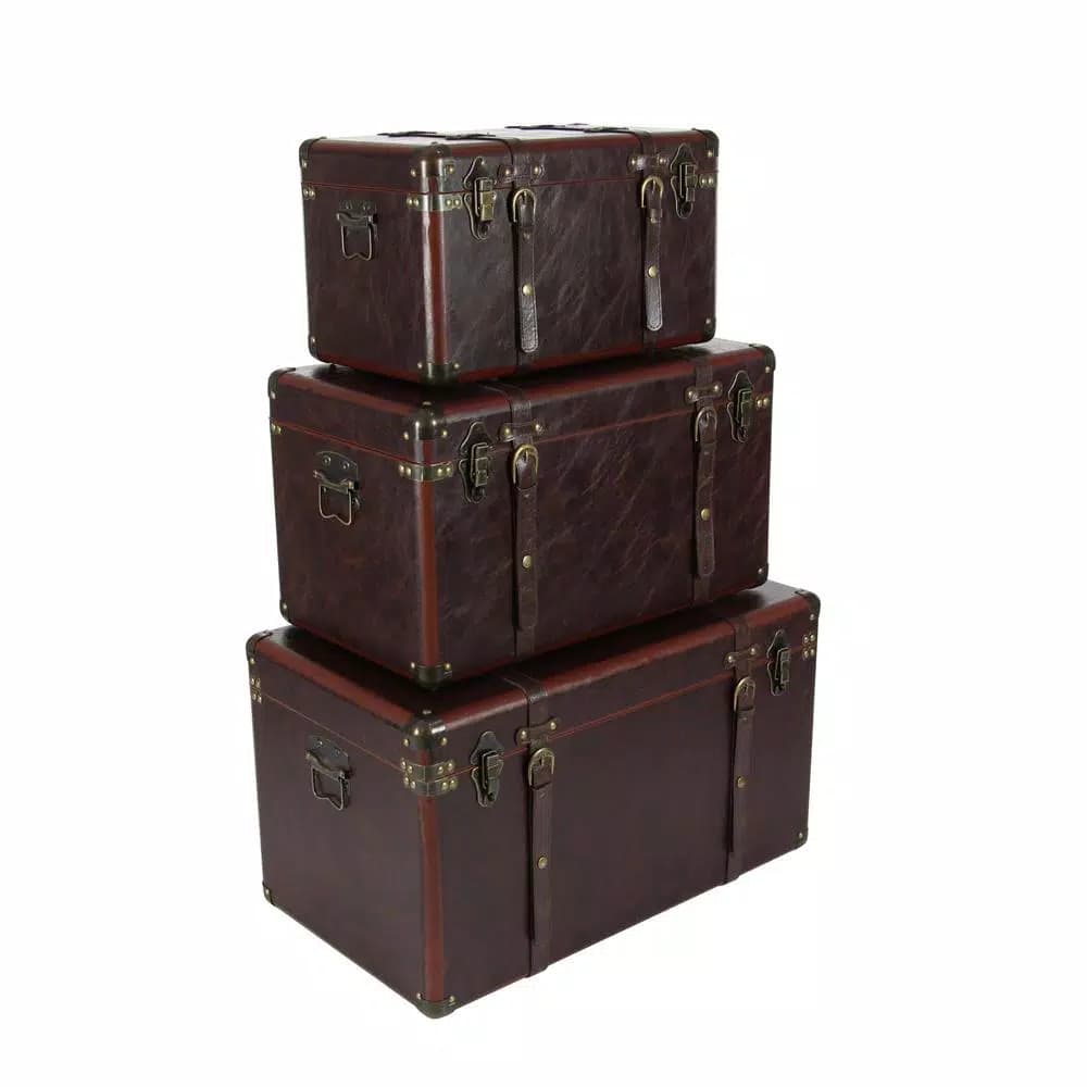 LITTON LANE Globetrotter Wood and Matte Brown Leather Decorative Trunk Set of 3