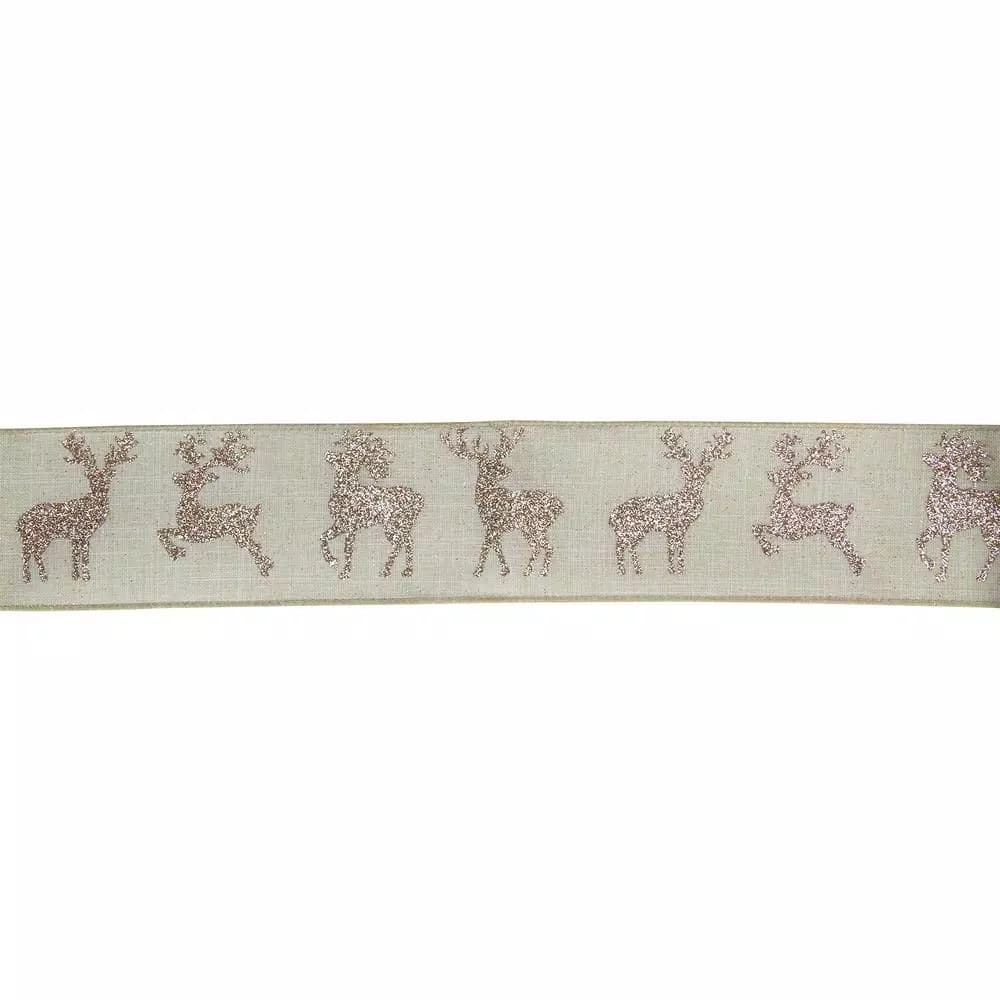 Northlight 2.5 in. x 16 yds. Beige and Gold Glitter Reindeer Burlap Style Wired Craft Ribbon