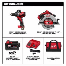 Milwaukee M18 Brushless 2-Tool Combo Kit: 1/2 in. Hammer Drill and 7-1/4 in. Circular Saw with (2) 4.0 Ah Batteries thumbnail 2