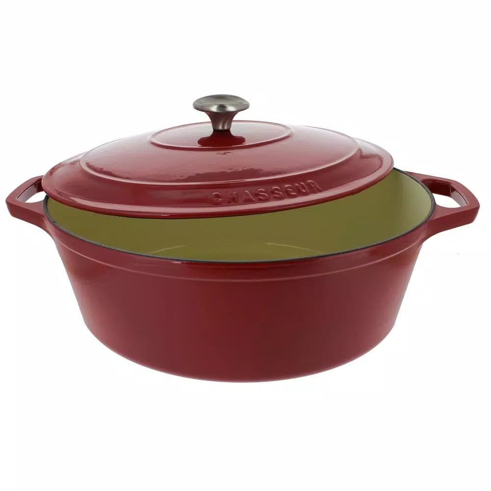 Chasseur French Enameled Cast Iron 7.25 qt. Oval Dutch Oven with Lid, Red