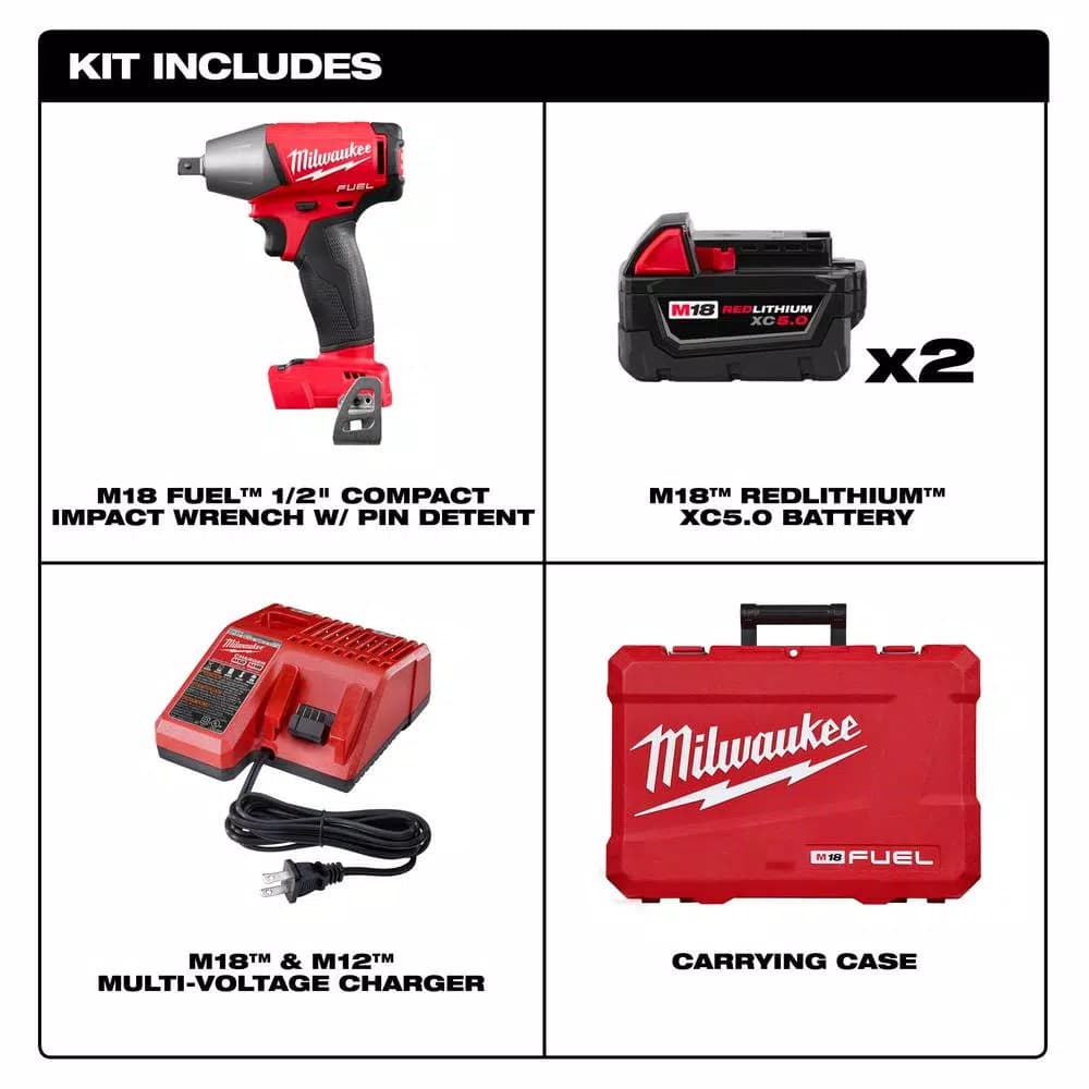Milwaukee M18 FUEL 1/2 in. Compact Impact Wrench Kit with Two 5 Ah Batteries and Charger