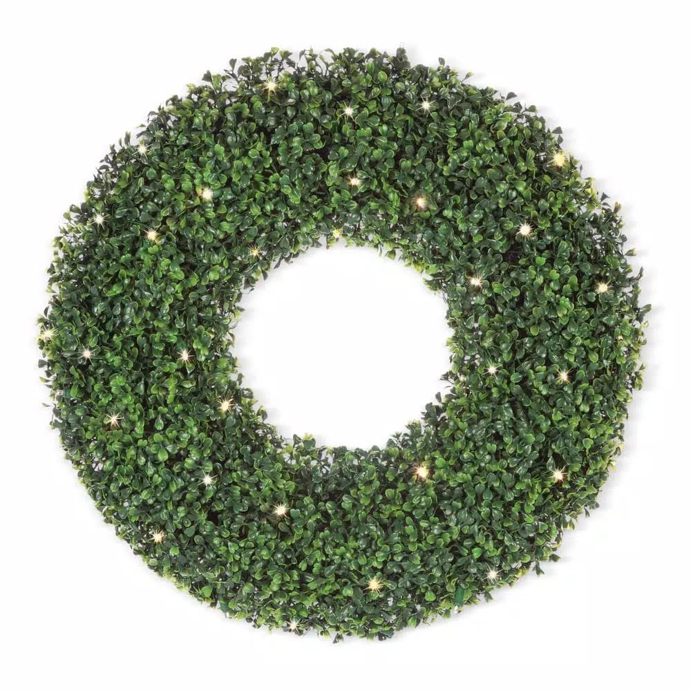Sterling 24 in. Faux Boxwood Wreath with 50 Warm White LED Lights
