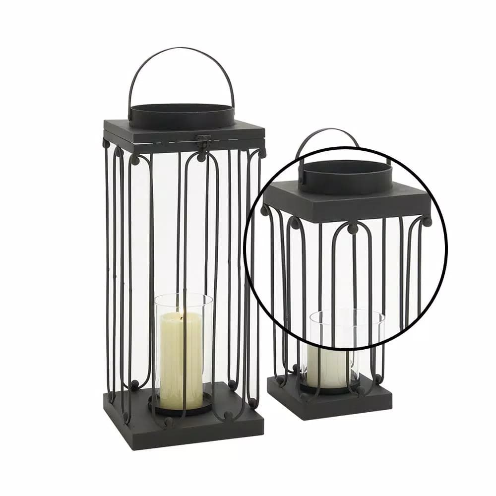 LITTON LANE Black Tin and Clear Glass Lantern Candle Holder Set of 2 - Industrial Mission Style