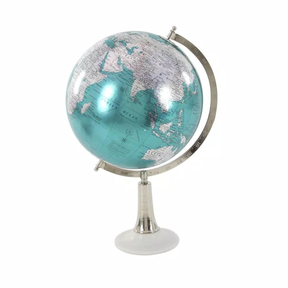 LITTON LANE Modern Reflections 20 in. Cyan and Silver Decorative Tabletop Globe with Marble Base