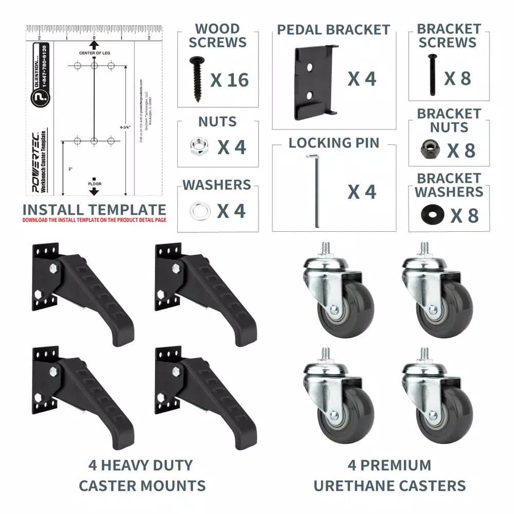 POWERTEC Workbench Casters with Quick-Release Plates, 4-Set Mobility Kit