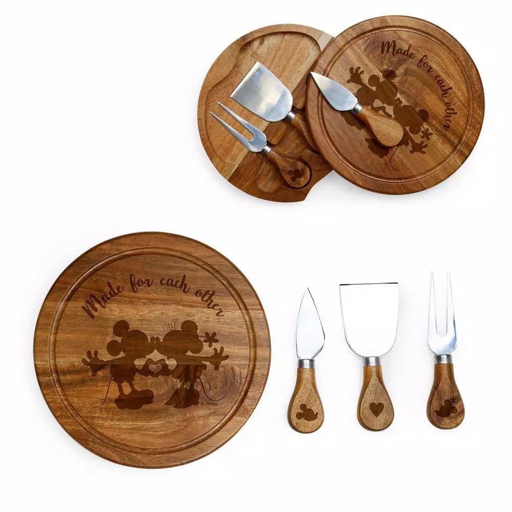 TOSCANA Picnic Time Mickey and Minnie Mouse 7.5 in. Acacia Wood Brie Cheese Board and Tool Set