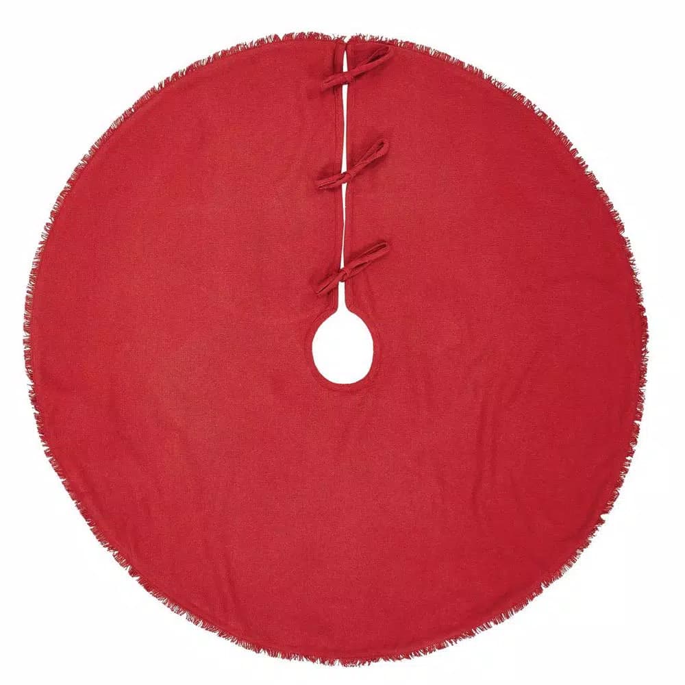 VHC Brands 48 in. Red Festive Burlap Farmhouse Christmas Tree Skirt with Taffeta Reverse