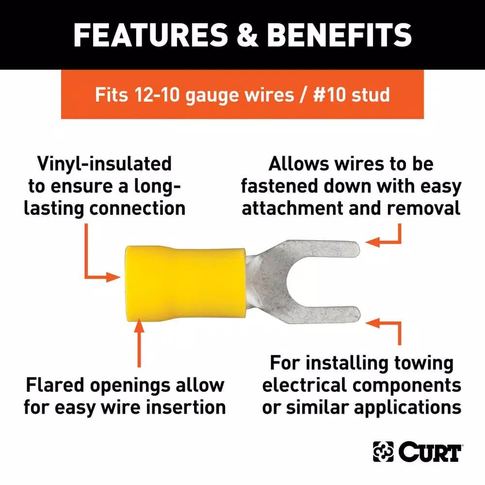 CURT Spade Wire Terminals, 12-10 Gauge, #10 Stud Size, Yellow, 100-Pack