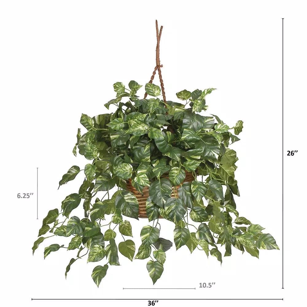 Nearly Natural Lifelike Pothos Silk Plant in Woven Roped Hanging Basket