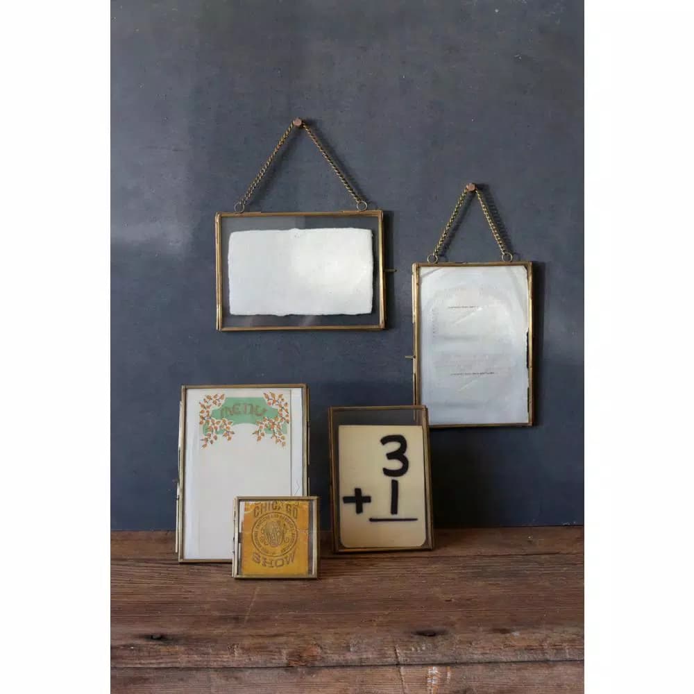 3R Studios Gold Brass Hanging Picture Frame Set of 2 - Vintage Style Rectangle Metal Frames for 5x7 Photos