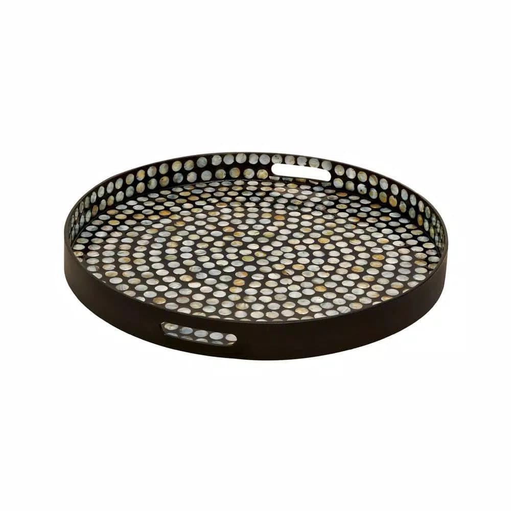 LITTON LANE Modern Reflections 24" Round Mother of Pearl Inlaid Decorative Tray, Black Lacquer
