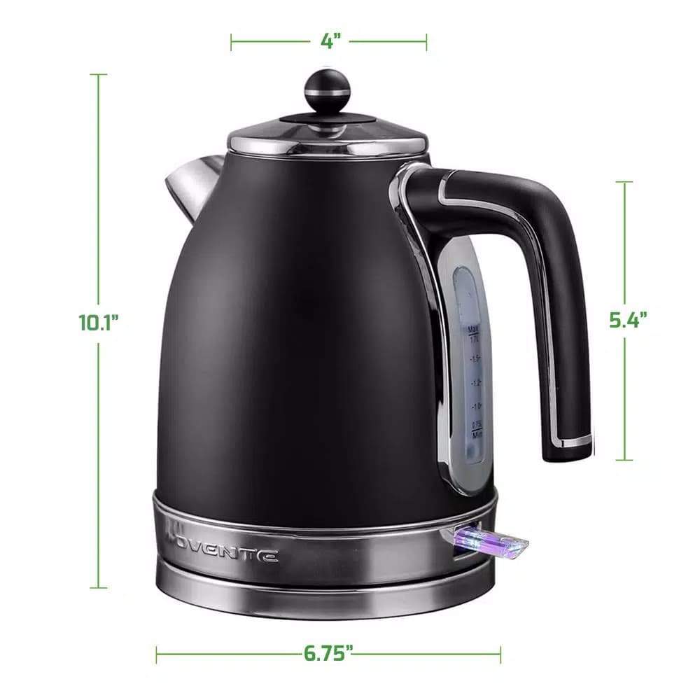 Ovente KS777 1.7L Black Stainless Steel Electric Kettle, 1500W Fast Boil with Auto Shut-Off