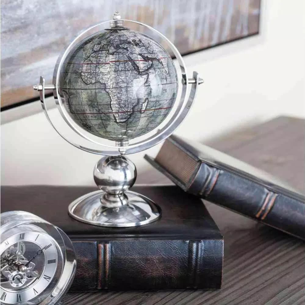 LITTON LANE 10 in. Modern Decorative Globe with Brown and Silver Stainless Steel Base