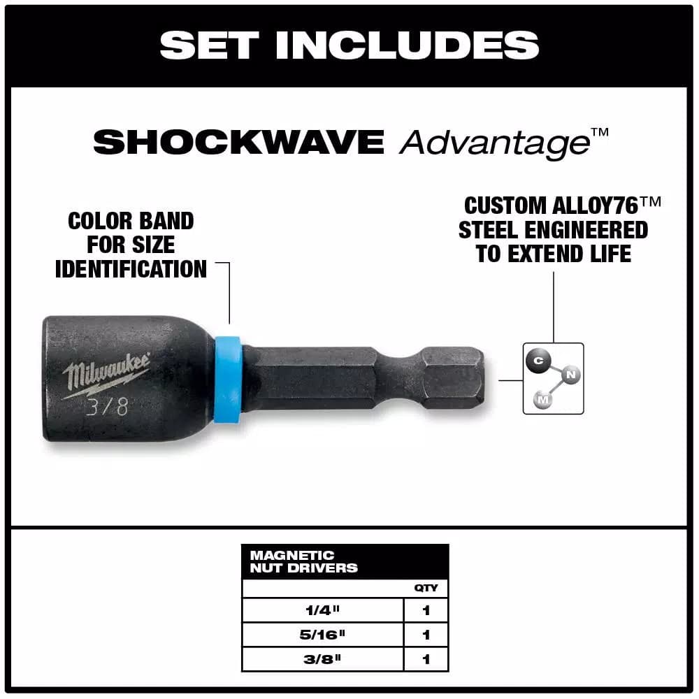 Milwaukee SHOCKWAVE Impact Duty Magnetic Nut Driver Set, 3-Piece, 1-7/8 in.