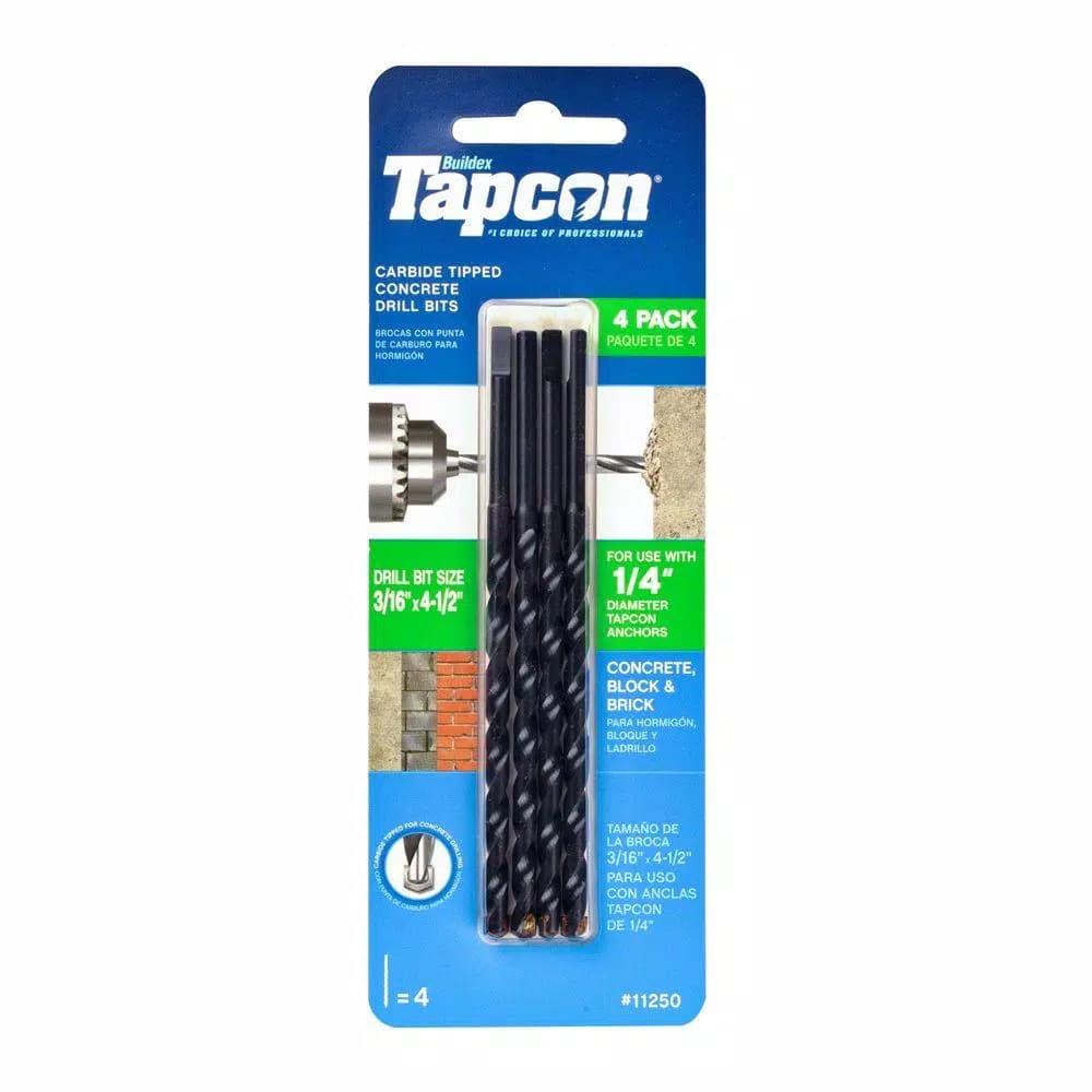 Tapcon 3/16 in. x 4-1/2 in. Steel Carbide Tip Masonry Drill Bit Set, 4-Pack