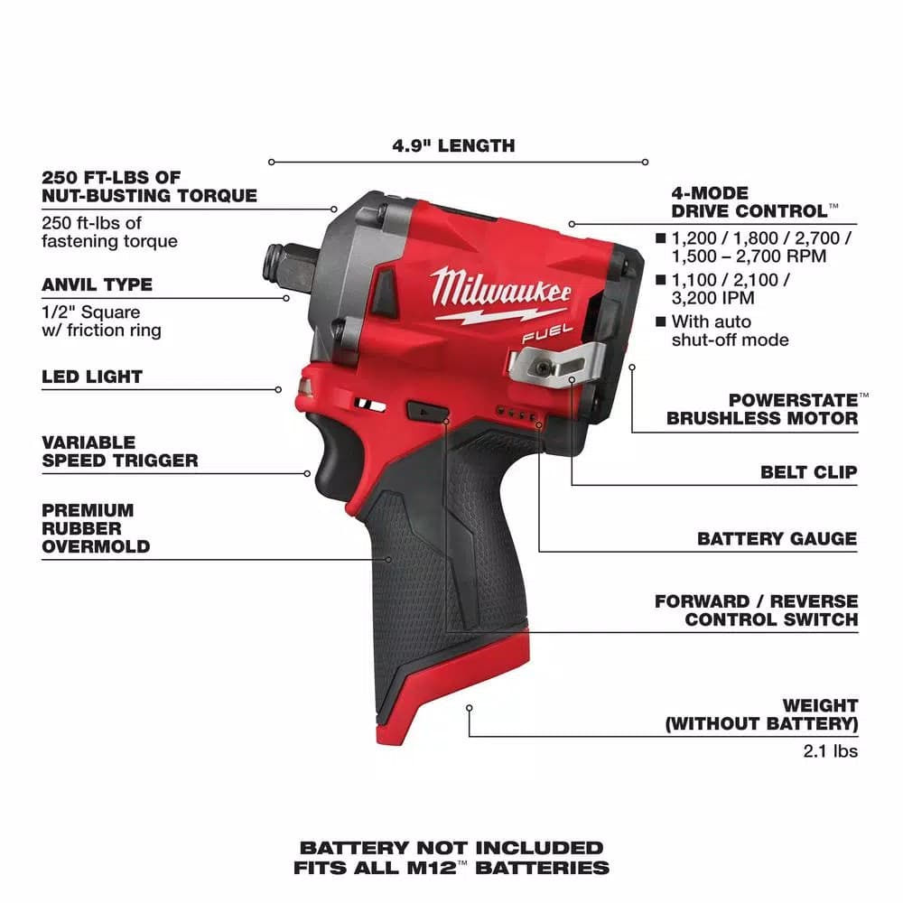Milwaukee M12 FUEL 1/2 in. Stubby Brushless Cordless Impact Wrench (Tool-Only)