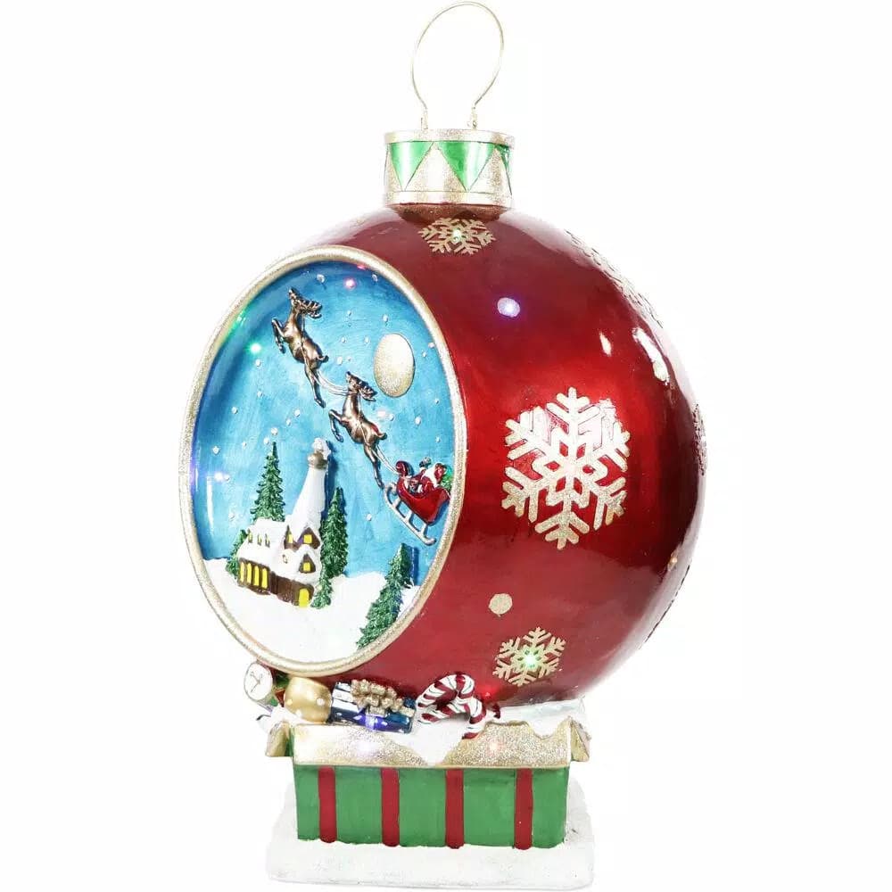 Fraser Hill Farm 34.5 in. Musical Santa and Flying Sleigh Ornament with LED Lights, Red