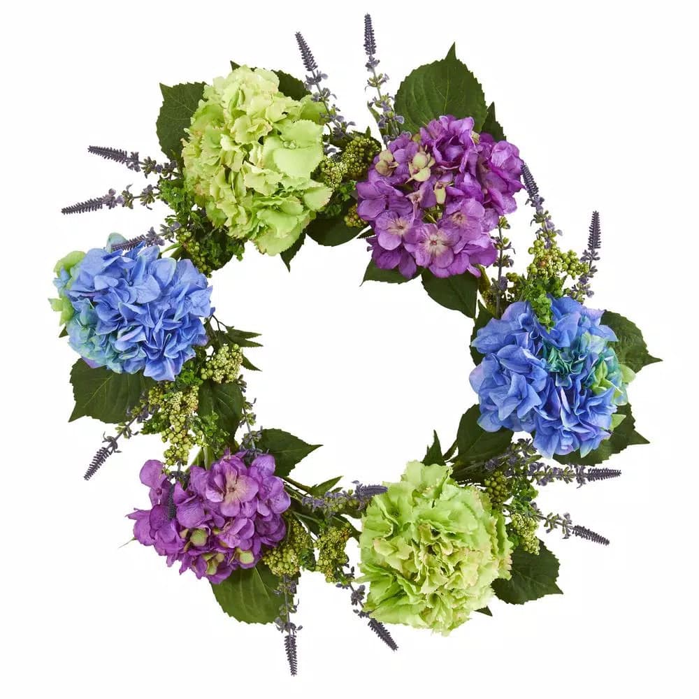 Nearly Natural 22 in. Artificial Hydrangea Wreath - Multi-Colored Blue, Purple, and Green Silk Flowers