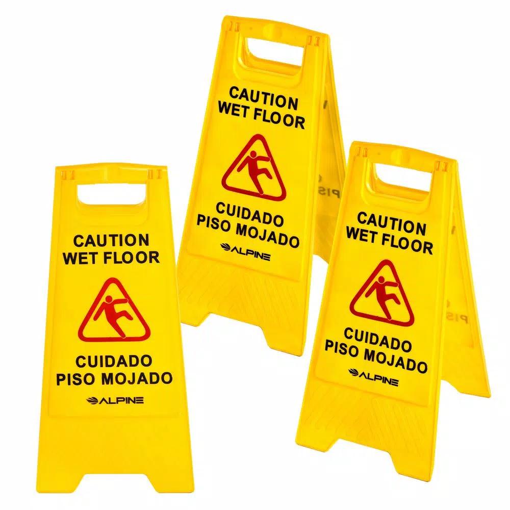 Alpine Industries 24 in. Yellow Bilingual Wet Floor Sign, 2-Sided A-Frame, 3-Pack