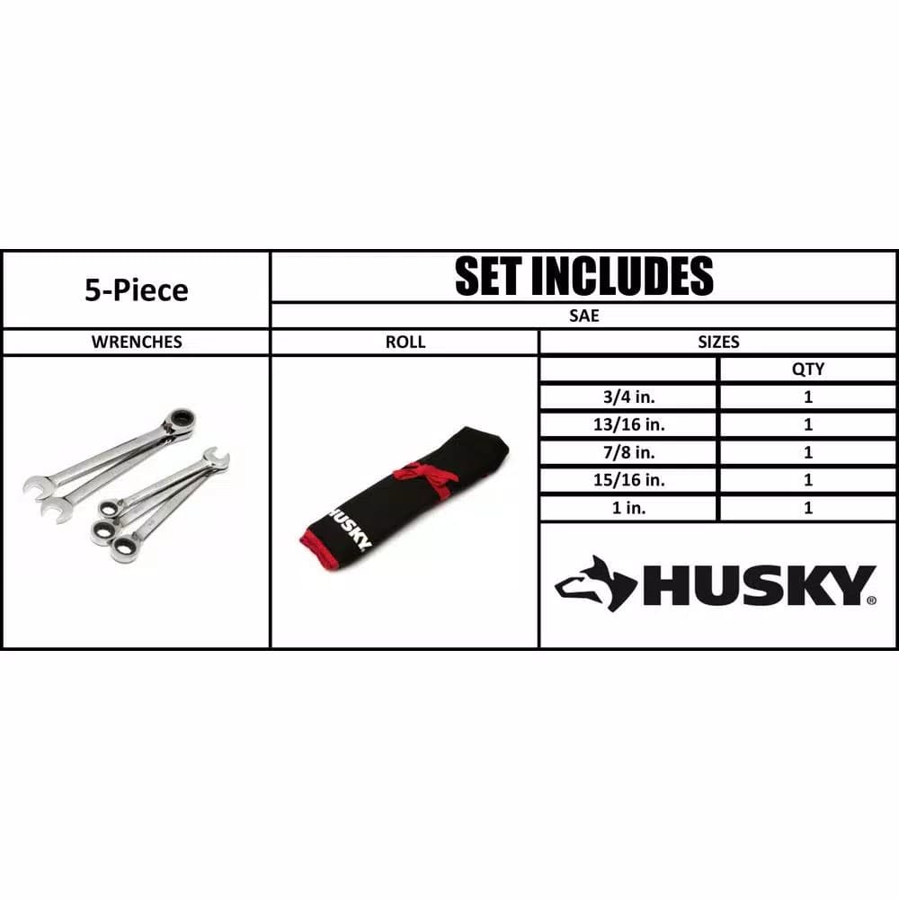 Husky 5-Piece Large SAE Reversible Ratcheting Wrench Set